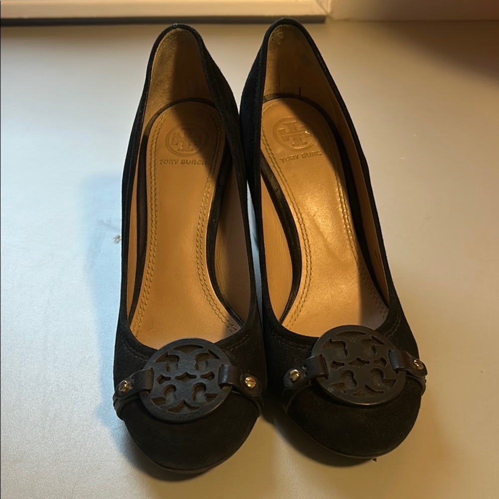 Tory Burch Black Peep-Toe Heels with Medallion